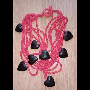 Heart Wood Beads Pink And Black Necklace. Statement Piece.